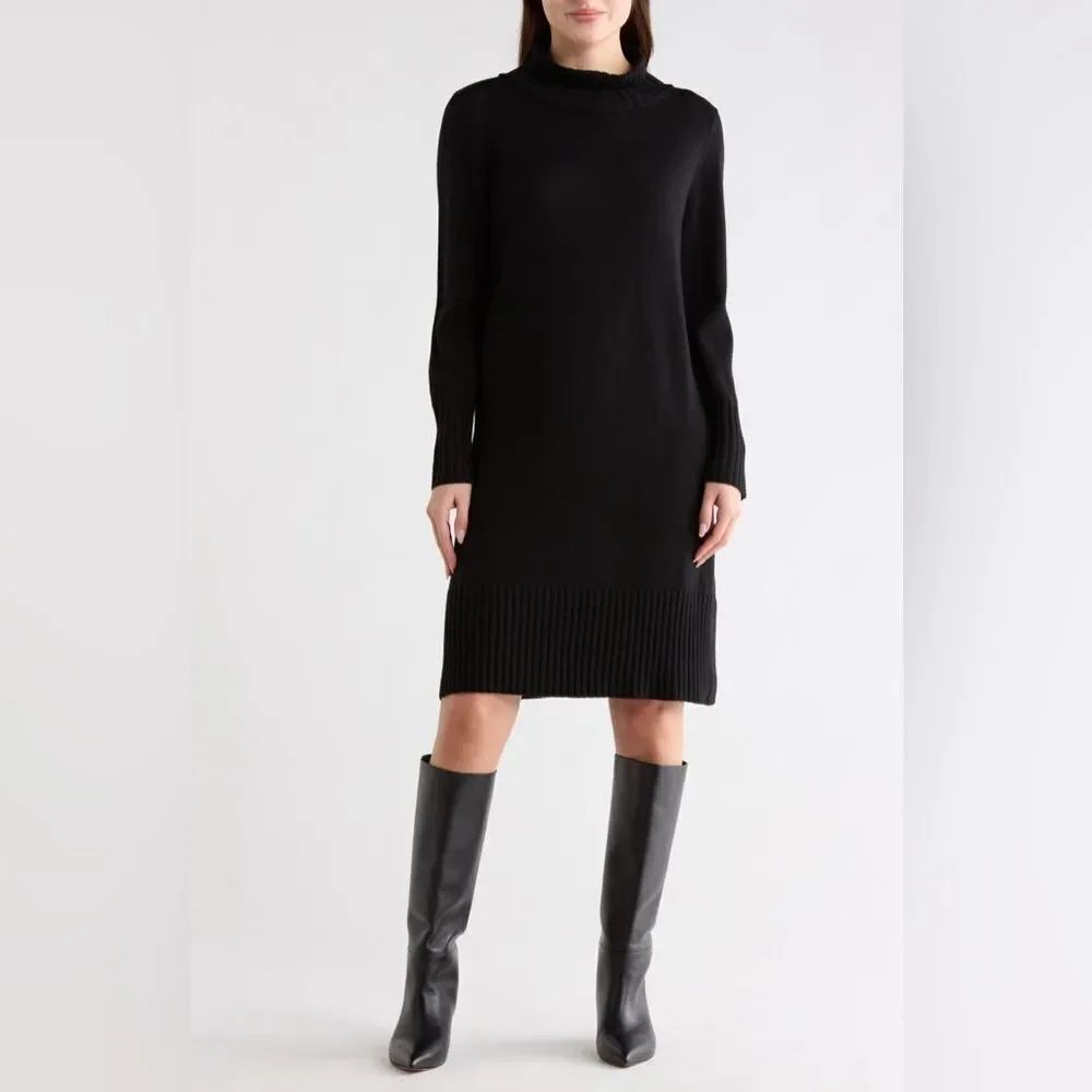 Eileen Fisher Black Turtleneck Long Sleeve Merino Wool Sweater Dress Size Small